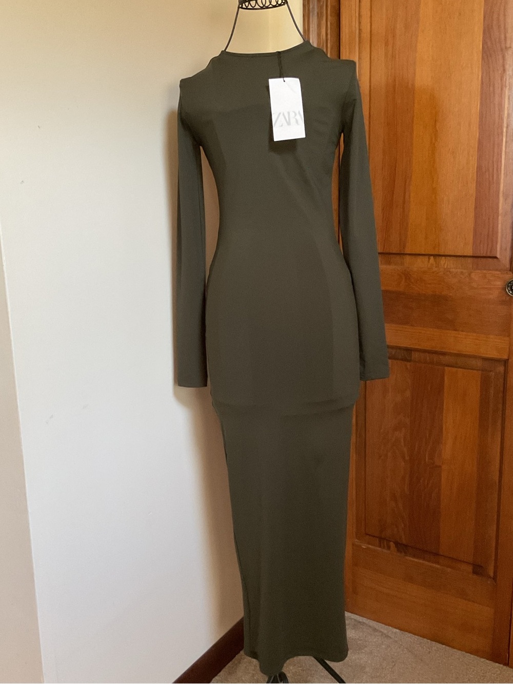 Zara Long Sleeve Olive Bodycon Maxi Dress, Small - Picture 9 of 10
